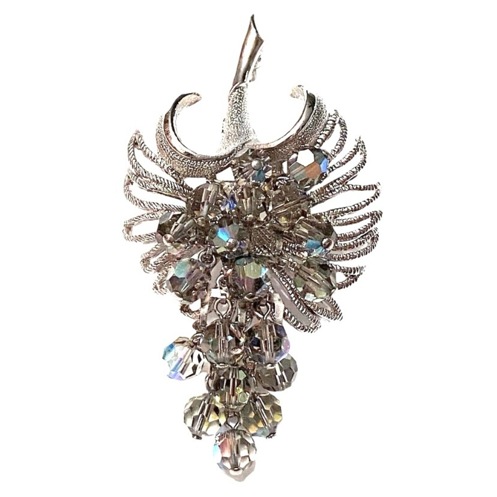 Vintage 1950s Cascading Crystal Ab Cornucopia Brooch Silver